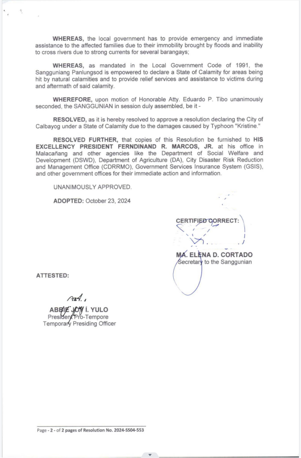 CALBAYOG CITY DECLARES STATE OF CALAMITY DUE TO EFFECTS OF TYPHOON KRISTINE.